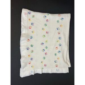 Vintage Baby Morgan Cozy Orlon Blocks Waffle Weave Satin Trim Baby Blanket